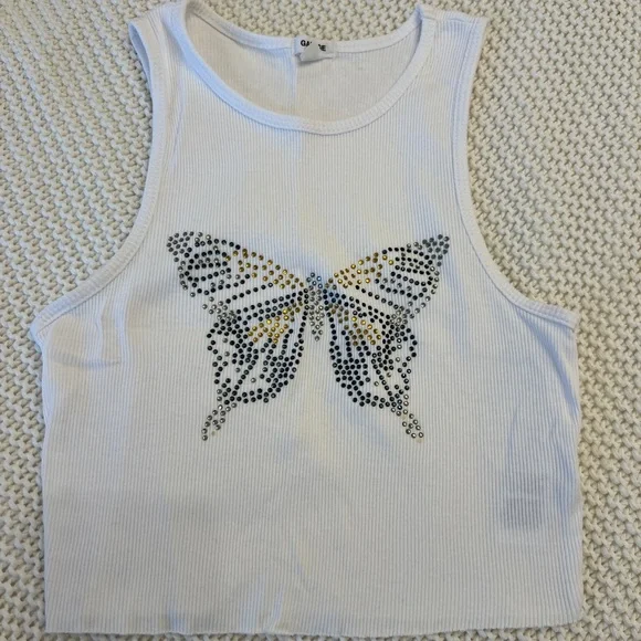 GARAGE White Ribbed Cropped Tank with Rhinestone Butterfly - Picture 1 of 2